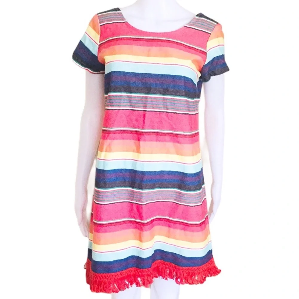 NWT UNCLE FRANK (Anthro) Weekend Stripe Cotton Dress With Fringe Trim Red Small - Picture 3 of 13